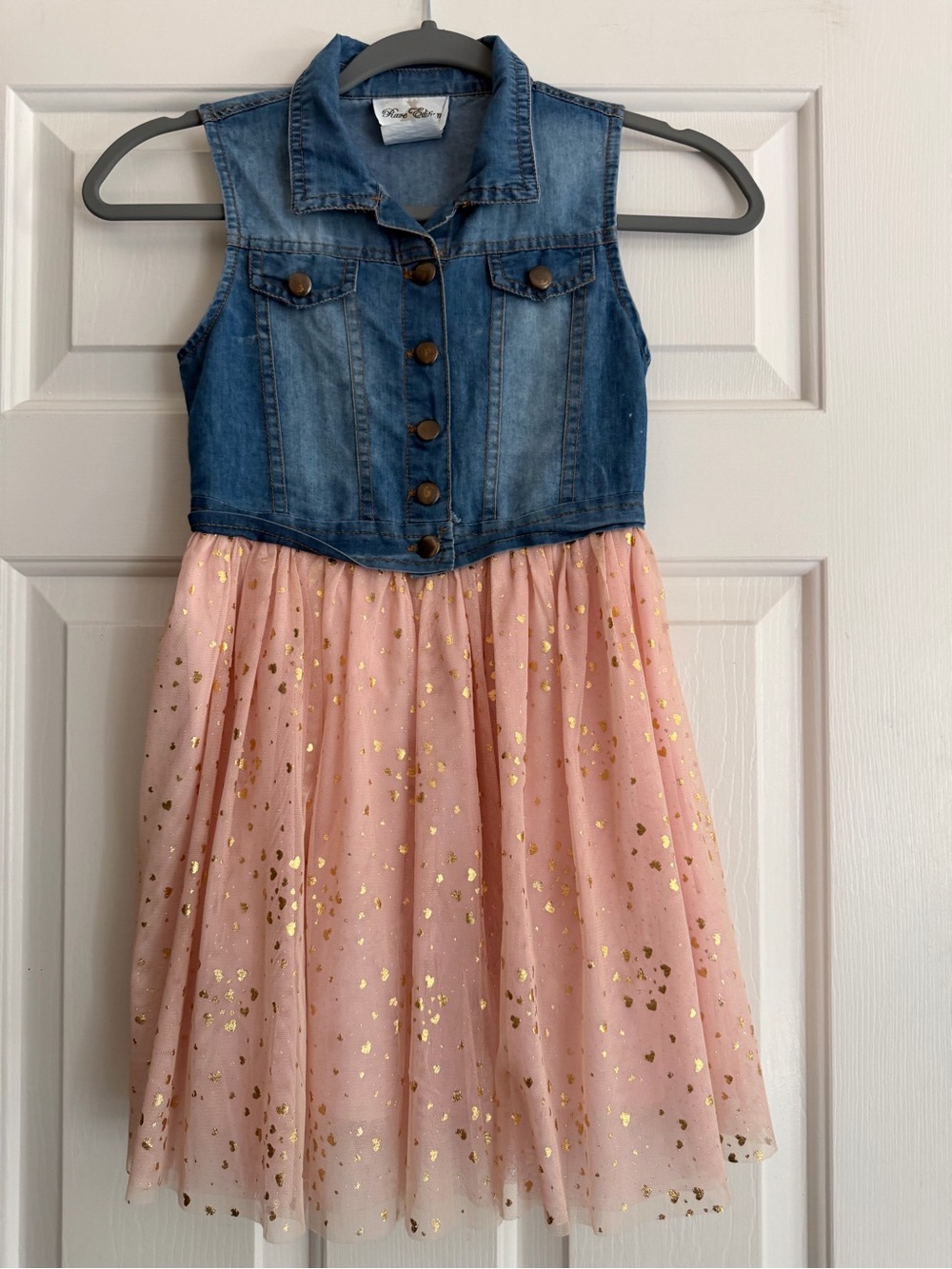 Rare Editions Denim Dress w/ Tulle & Gold Heart Accents